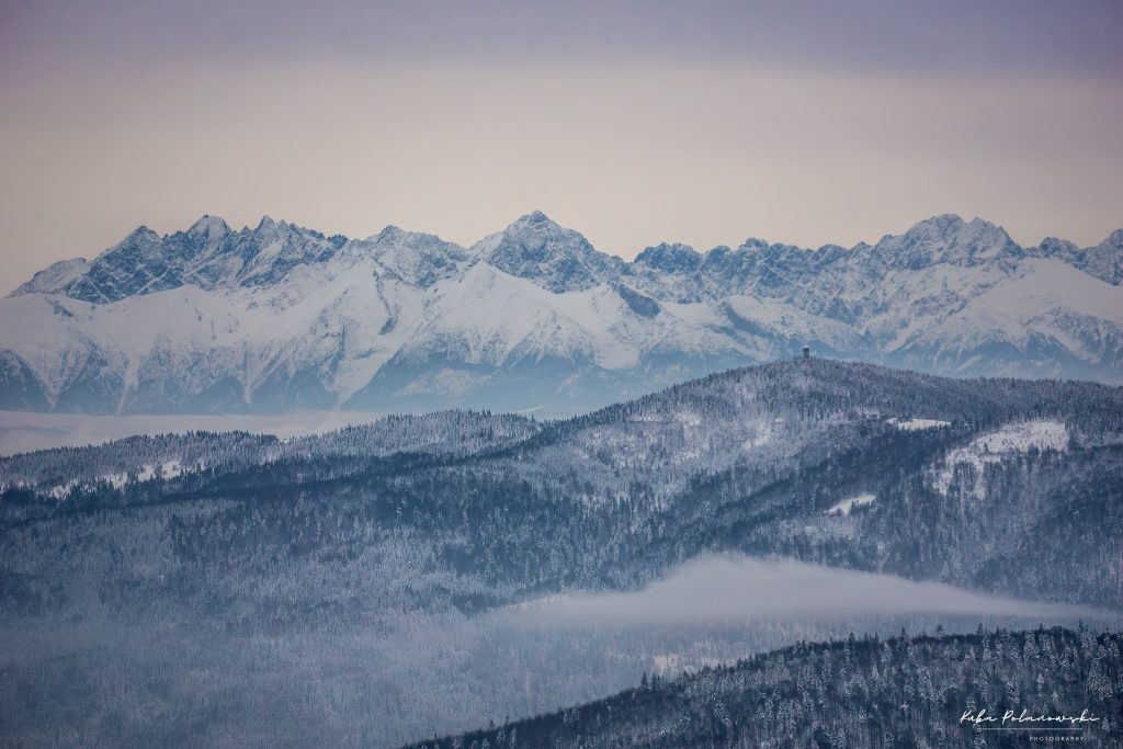 Panorama Tatr z wieży widokowej na Mogielicy zimą o zachodzie słońca. Najpiękniejszy widok na szlaku Tymbark - Nowy Targ